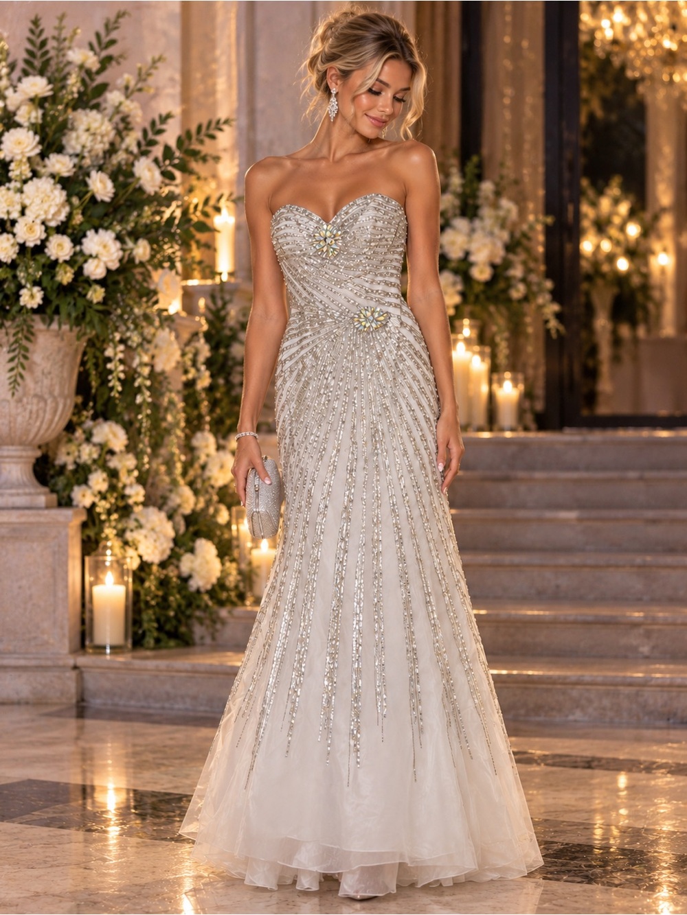 Jovani Size 2 White Silver Crystal Beaded Strapless sweetheart Prom Formal Gown